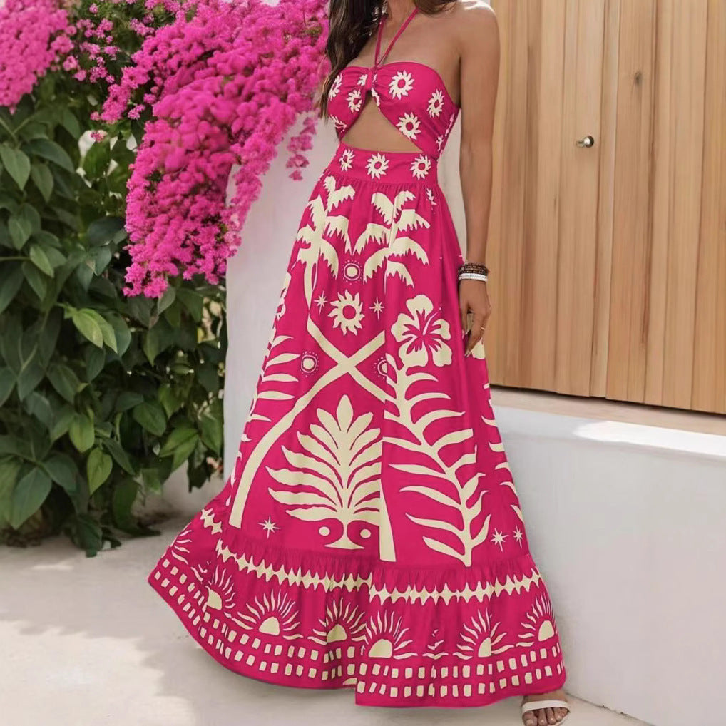 Women's Printed Fashion Waist Hanging Neck Dress