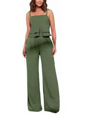Sling Pure Color Ruffles Top Straight-leg Pants Fashion Suit