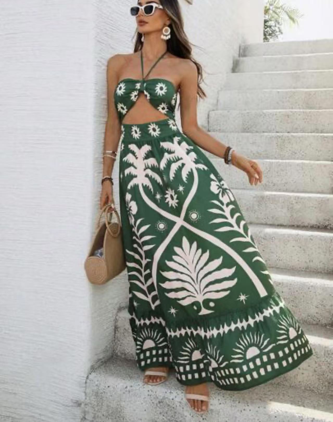 Women's Printed Fashion Waist Hanging Neck Dress
