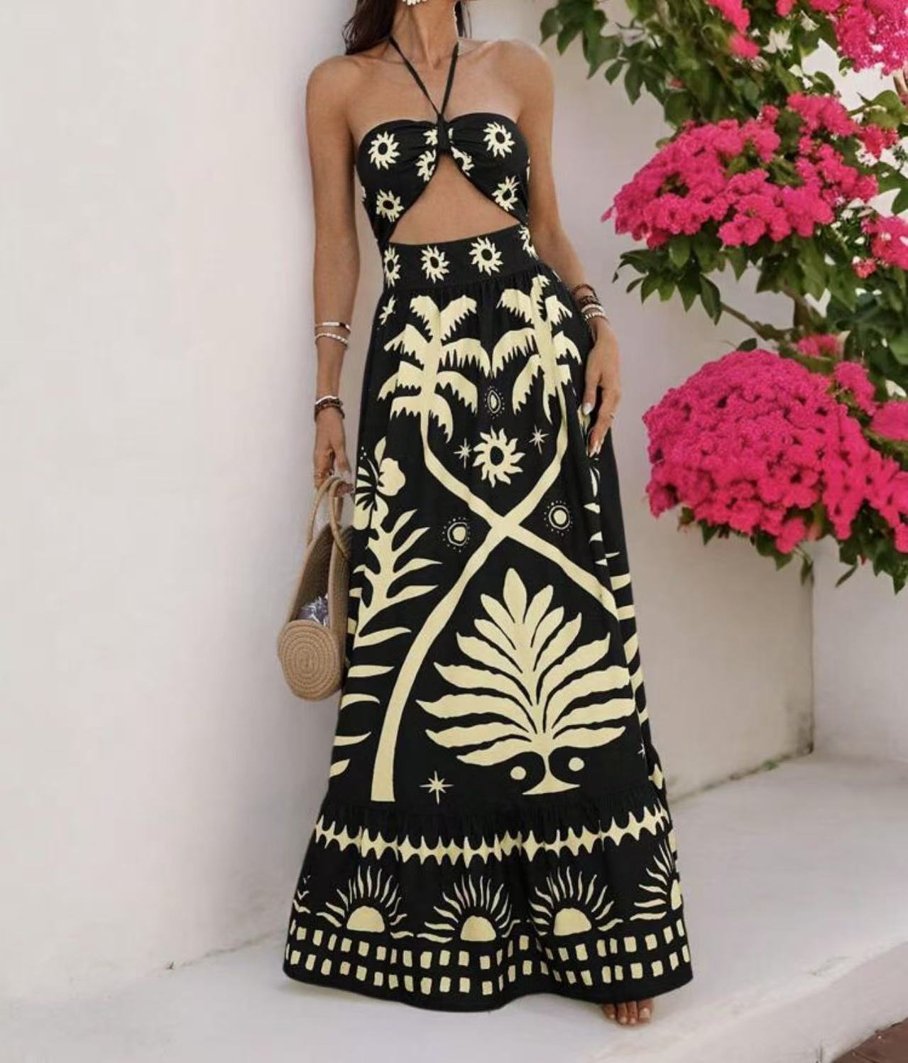 Women's Printed Fashion Waist Hanging Neck Dress