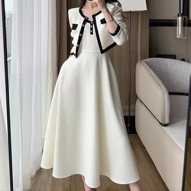 Sling Dress Women's Waist Draping Effect Long Sleeve Short Coat Socialite Suit