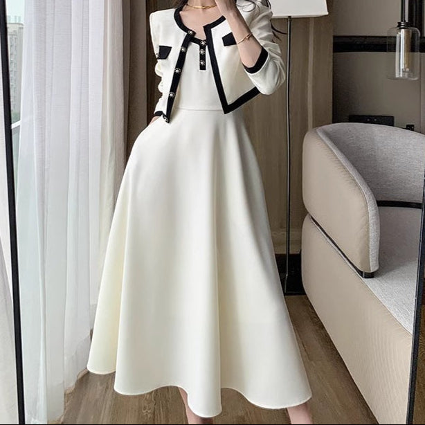 Sling Dress Women's Waist Draping Effect Long Sleeve Short Coat Socialite Suit