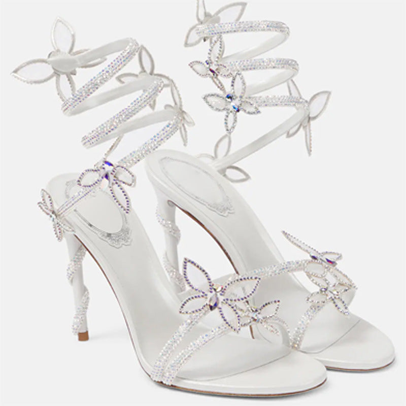 Snake Butterfly Rhinestone Flower Stiletto Heel Roman Sandals