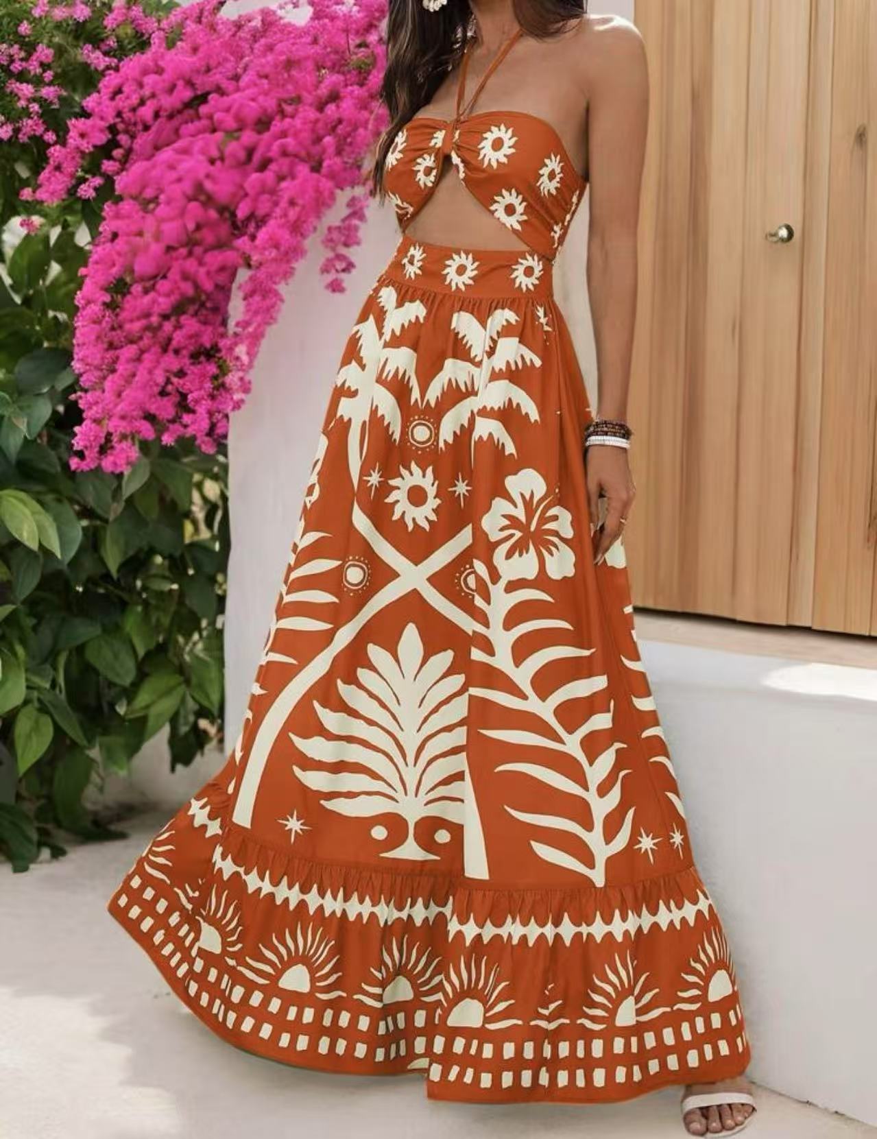Women's Printed Fashion Waist Hanging Neck Dress