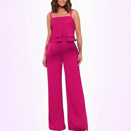 Sling Pure Color Ruffles Top Straight-leg Pants Fashion Suit