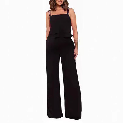 Sling Pure Color Ruffles Top Straight-leg Pants Fashion Suit