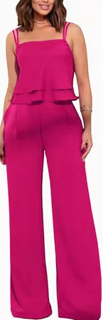 Sling Pure Color Ruffles Top Straight-leg Pants Fashion Suit