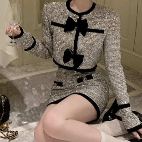 Classic Style Bow Round Neck Long Sleeve Coat Skirt Two-piece Suit