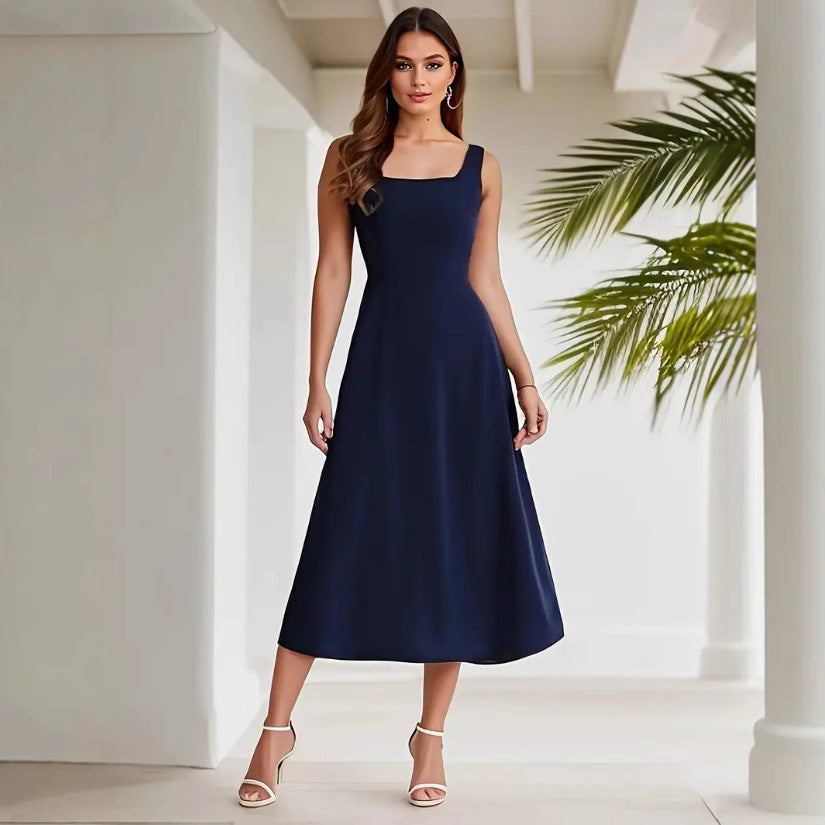Sleeveless Solid Color Casual Fashion Suspenders Long Dress
