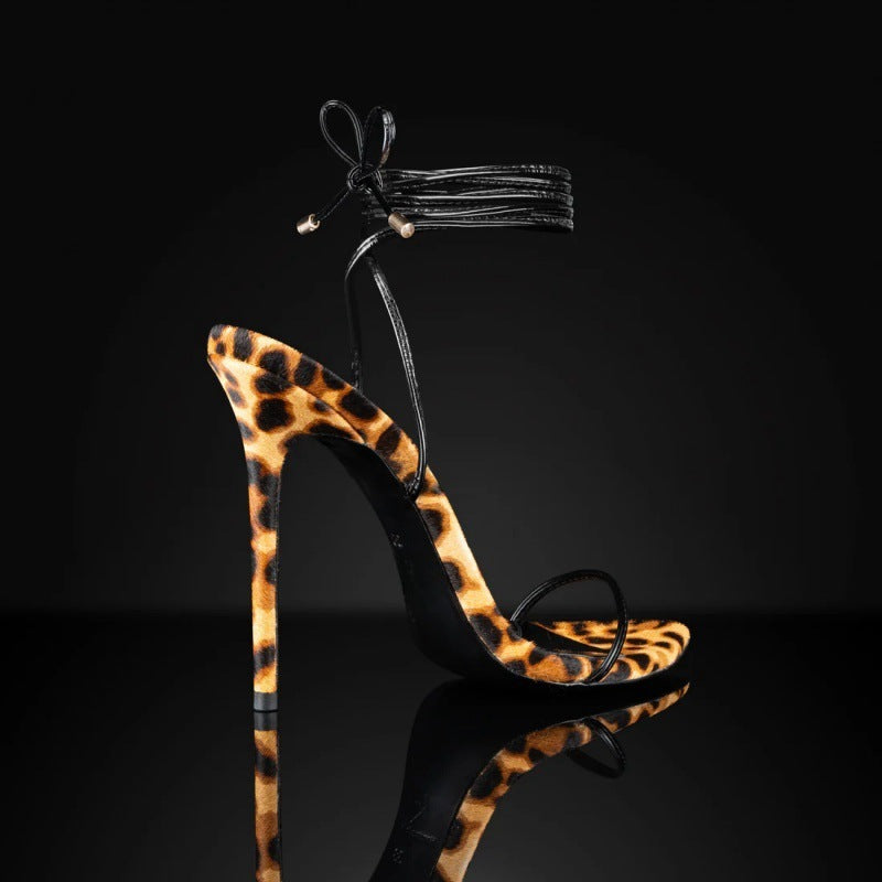 Sandals Pointed Leopard Print Roman Women's Lace Up Shoes