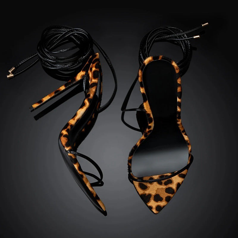 Sandals Pointed Leopard Print Roman Women's Lace Up Shoes