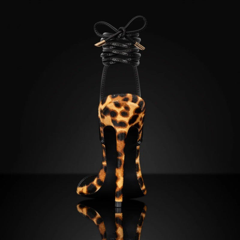 Sandals Pointed Leopard Print Roman Women's Lace Up Shoes