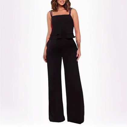 Sling Pure Color Ruffles Top Straight-leg Pants Fashion Suit