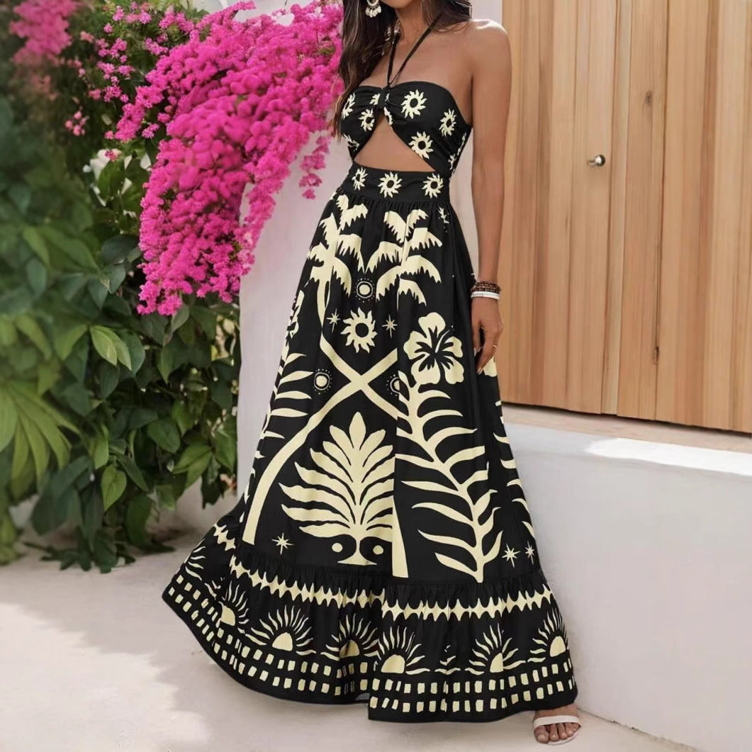 Women's Printed Fashion Waist Hanging Neck Dress