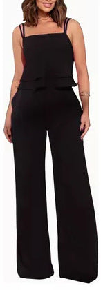 Sling Pure Color Ruffles Top Straight-leg Pants Fashion Suit
