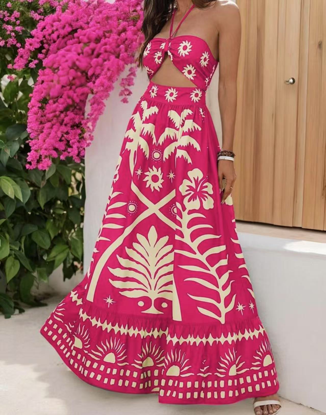 Women's Printed Fashion Waist Hanging Neck Dress