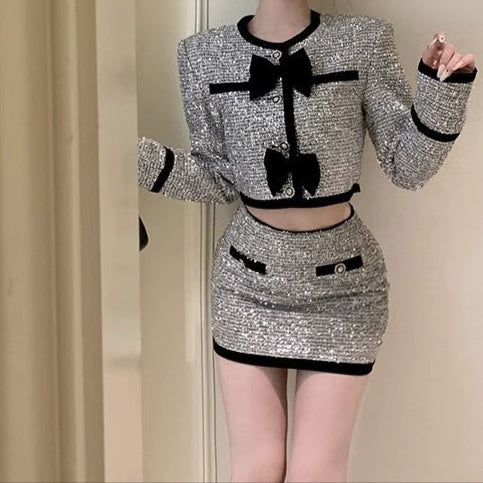 Classic Style Bow Round Neck Long Sleeve Coat Skirt Two-piece Suit