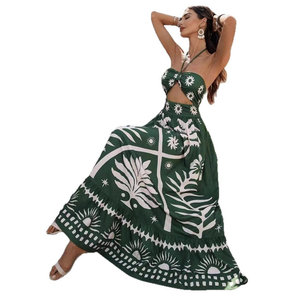 Women's Printed Fashion Waist Hanging Neck Dress