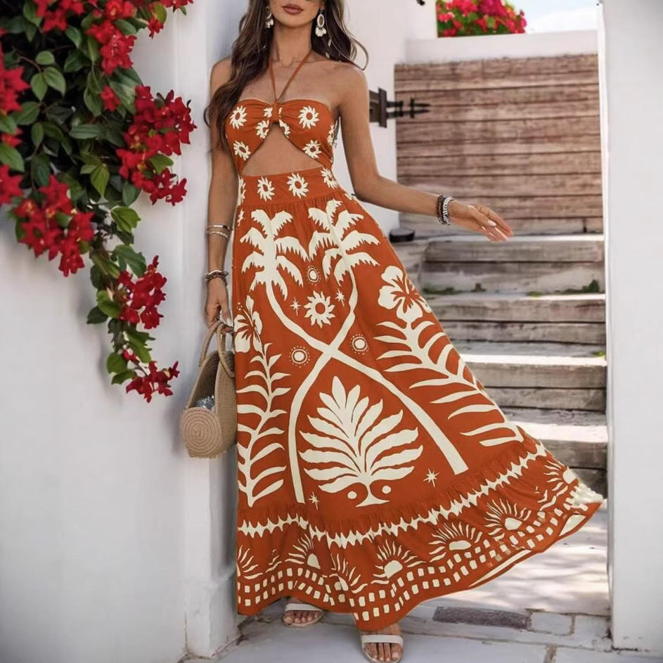 Women's Printed Fashion Waist Hanging Neck Dress