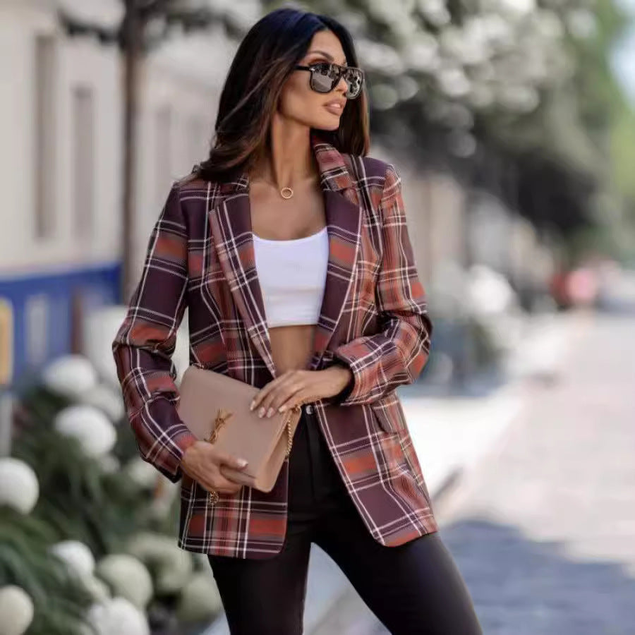 Fashionable Temperament Plaid Blazer Lightweight Top