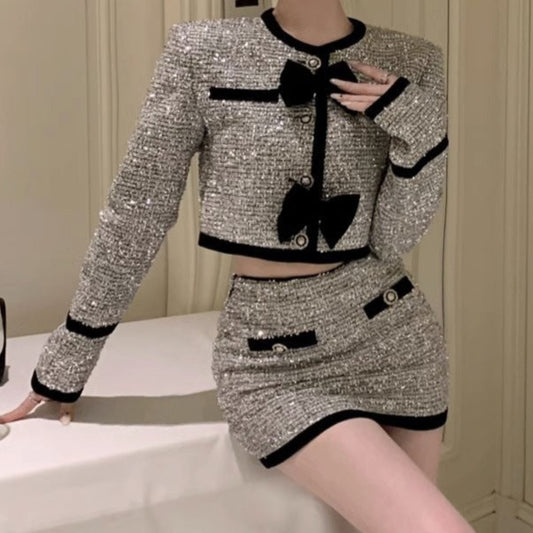Classic Style Bow Round Neck Long Sleeve Coat Skirt Two-piece Suit