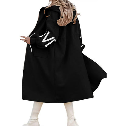 Women's Long Sleeve Letter Print Hooded Coat With Pockets