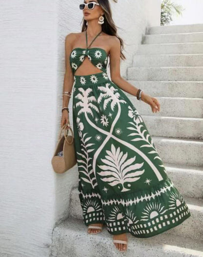 Women's Printed Fashion Waist Hanging Neck Dress