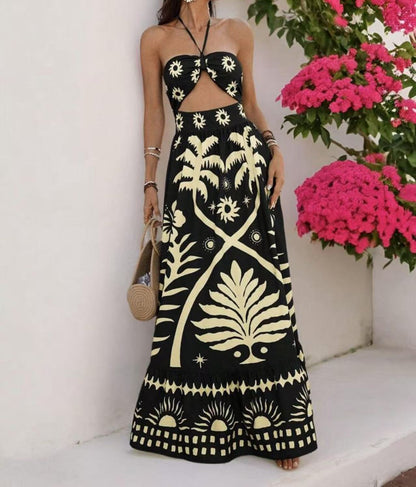 Women's Printed Fashion Waist Hanging Neck Dress