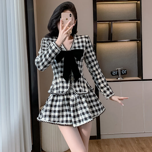 New Bow Long Sleeve Edging Top Skirt Plaid Two-piece Set