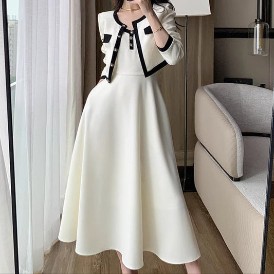 Sling Dress Women's Waist Draping Effect Long Sleeve Short Coat Socialite Suit