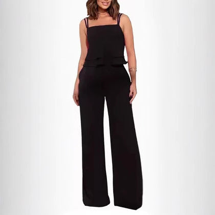 Sling Pure Color Ruffles Top Straight-leg Pants Fashion Suit