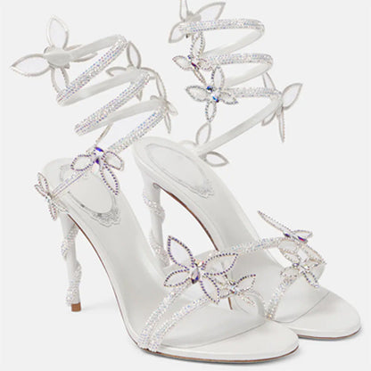 Snake Butterfly Rhinestone Flower Stiletto Heel Roman Sandals