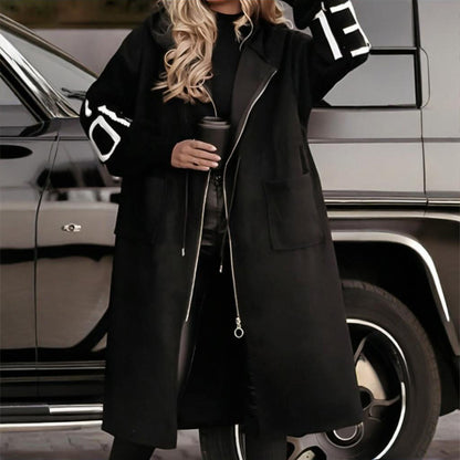 Women's Long Sleeve Letter Print Hooded Coat With Pockets