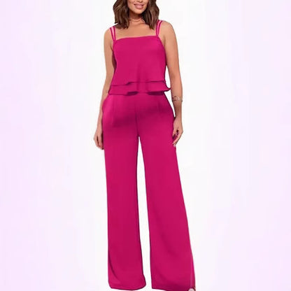 Sling Pure Color Ruffles Top Straight-leg Pants Fashion Suit