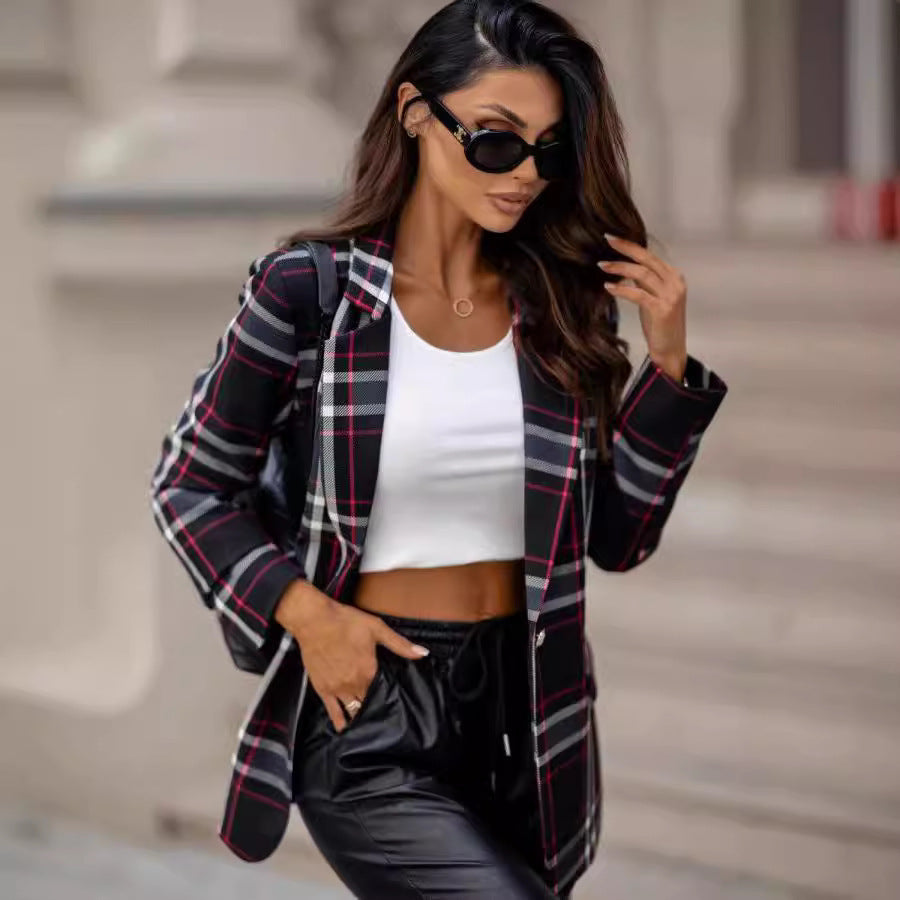 Fashionable Temperament Plaid Blazer Lightweight Top