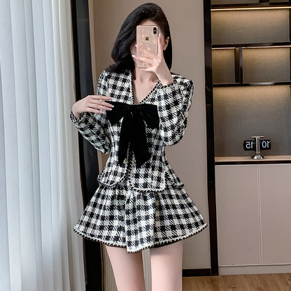 New Bow Long Sleeve Edging Top Skirt Plaid Two-piece Set
