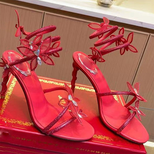 Snake Butterfly Rhinestone Flower Stiletto Heel Roman Sandals