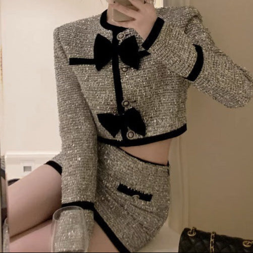 Classic Style Bow Round Neck Long Sleeve Coat Skirt Two-piece Suit