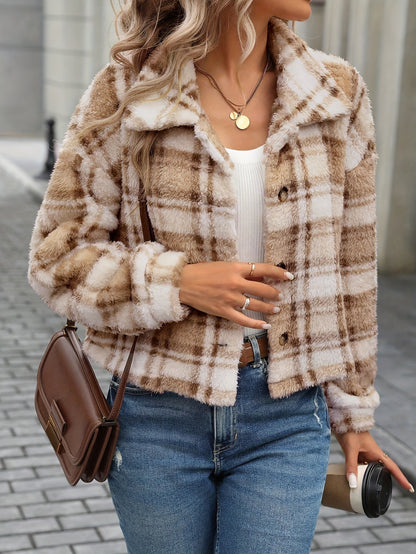 European And American Double-sided Plush Plaid Button Cardigan Casual Coat For Women