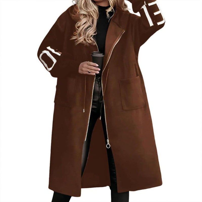 Women's Long Sleeve Letter Print Hooded Coat With Pockets