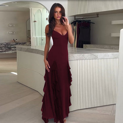Strap Temperament V-neck Holiday Split Ruffled Dress