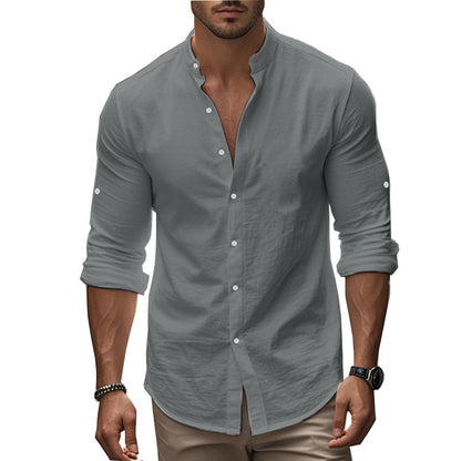Men's Long Sleeve Standing Collar Slim Fit Casual Cotton Shirt