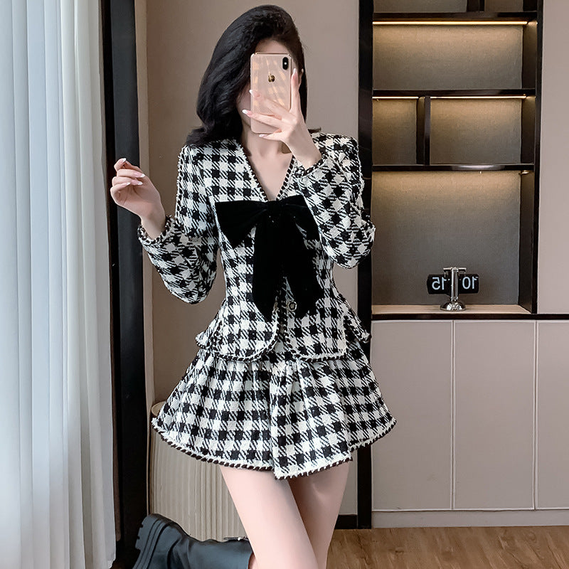 New Bow Long Sleeve Edging Top Skirt Plaid Two-piece Set
