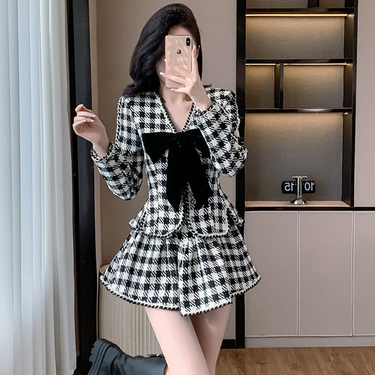 New Bow Long Sleeve Edging Top Skirt Plaid Two-piece Set