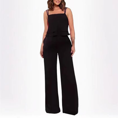 Sling Pure Color Ruffles Top Straight-leg Pants Fashion Suit