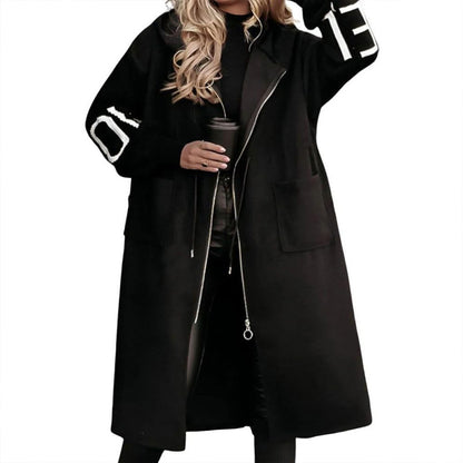 Women's Long Sleeve Letter Print Hooded Coat With Pockets