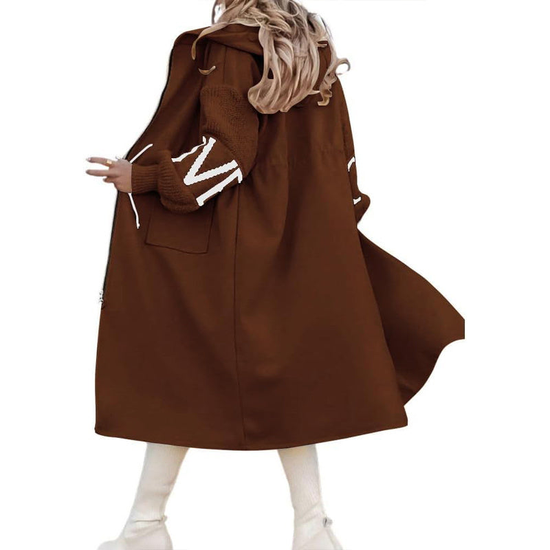 Women's Long Sleeve Letter Print Hooded Coat With Pockets