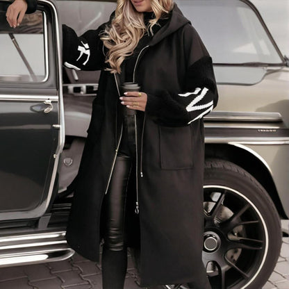 Women's Long Sleeve Letter Print Hooded Coat With Pockets