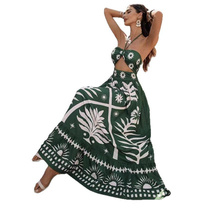 Women's Printed Fashion Waist Hanging Neck Dress