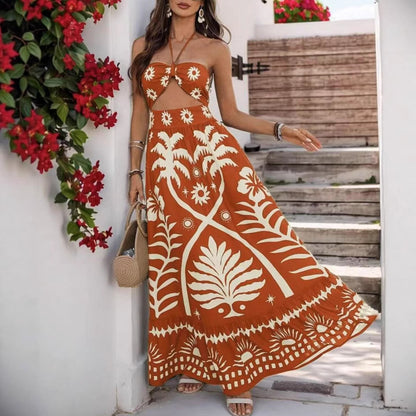 Women's Printed Fashion Waist Hanging Neck Dress